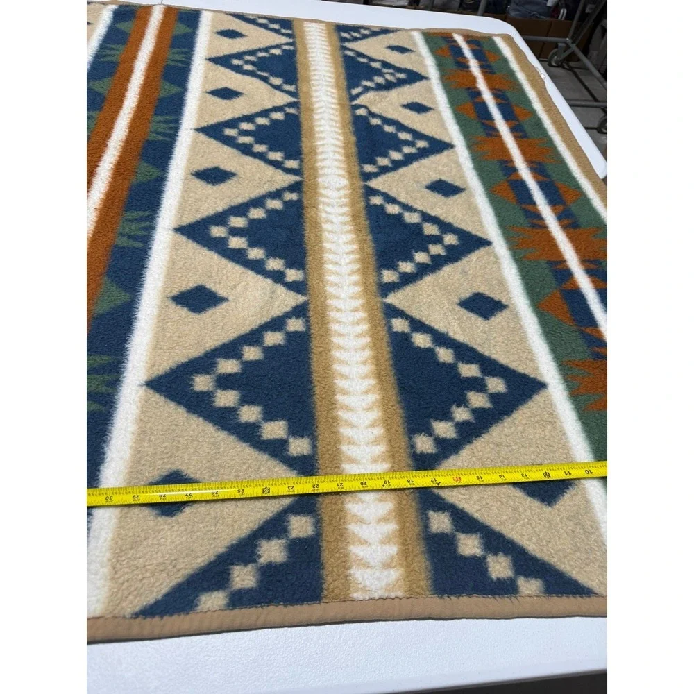 Southwestern Aztec Sherpa Fleece Blanket Navy Tan Orange‎ Geometric Throw 69x52